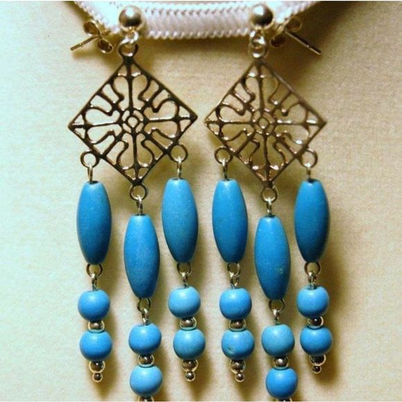Handmade Blue Chalk Turquoise Sterling Silver Chandelier Dangle Post Earrings - Picture 4 of 5